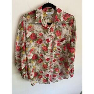 Vintage Deborah Barry‎ Red Rose Floral Sheer Button Down Shirt Small USA